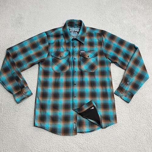 Dixxon Switch Suspensions Flannel Company Shirt Mens Small Blue Brown Plaid