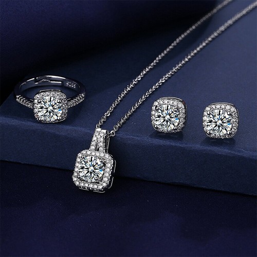3pcs quadratische Zirkon --Halskette für Frauen Halskette Ohrring --Ring --Set - Picture 8 of 17