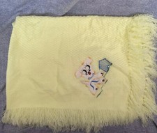 Vintage Yellow Woven Pattern Baby Blanket 40x32 Fringe Edge Dog Puppy House FLAW
