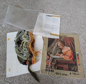 CEWEC needlepoint canvas woman writing at a desk embroidery Denmark