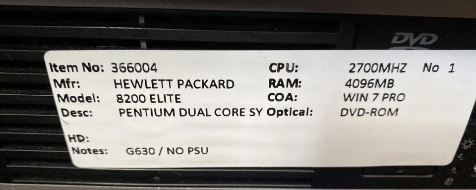 HP 8200 Elite SFF G630 4GB Pentium Dual Core Win 7 Pro. No HDD - Image 2 of 3