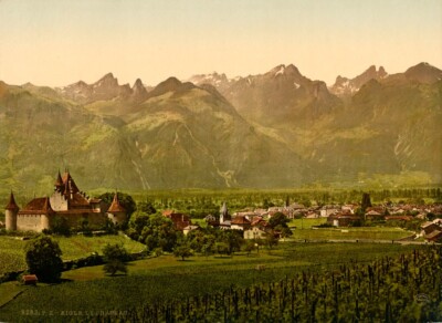 Hand Colored European Photochrome: Aigle Castle Switzerland