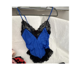 Vintage Women s Blue/Black Solid Teddy Bodysuit , Lace Accents, One Size M