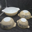 Vintage Pyrex Homestead Cinderella Mixing Bowl Set 441, 442, 443, 444 Tan Blue