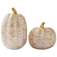 2 Pcs White, Gold Artificial Pumpkins, Resin, Fall Decor, Table Centerpieces