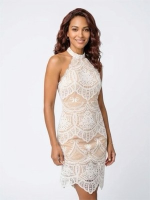 Lulus Celebrate Life White Lace Halter Midi Dress Size M Beige Underlay Zip  | eBay