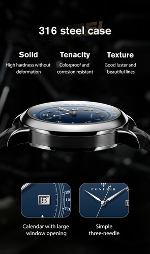 Men's automatic movement watch, synthetic sapphire glass, cowhide strap - Picture 8 of 22
