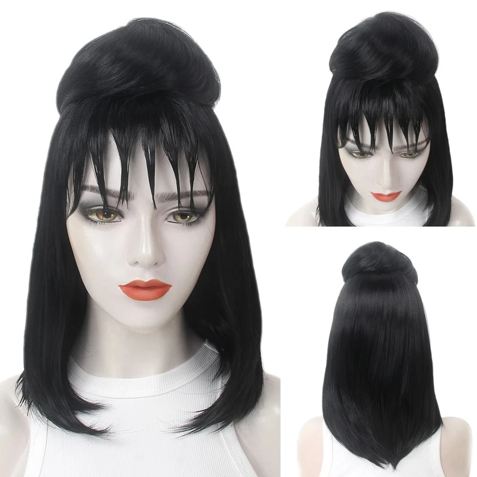 Fantasia de Halloween Lydia peruca preta BUN reta besouro sucos peruca cosplay - Imagem 2 de 4