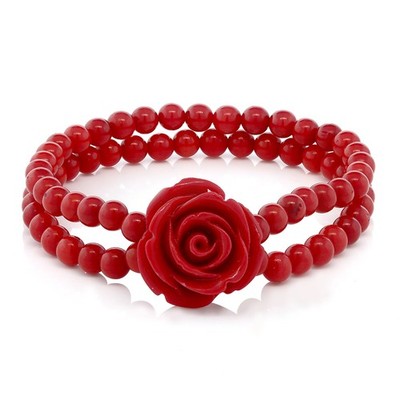 7 Inch Red Simulated Coral Bead Rose Flower Stretch Bracelet 5mm