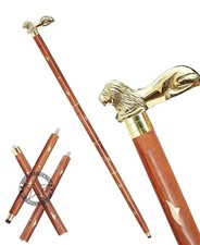 Antique Vintage Brown Wooden Walking Stick Cane with Designer Brass lion Handle