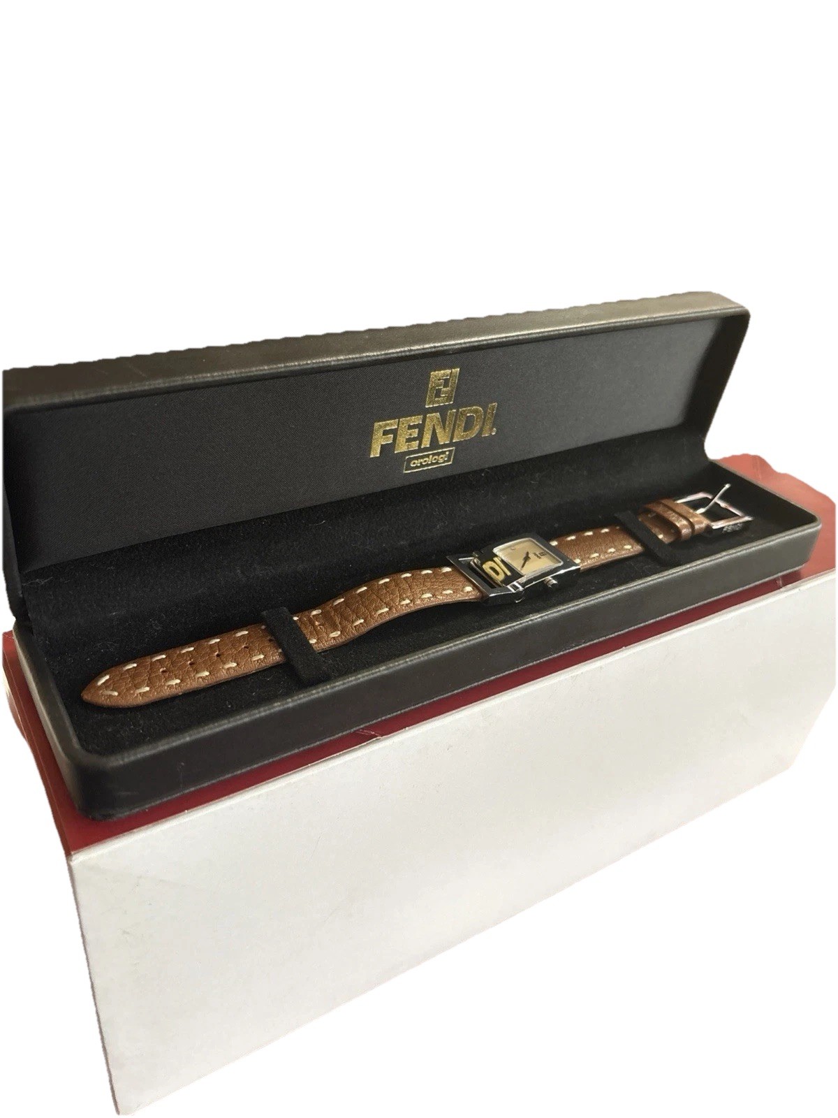 Fendi rectangular silver-tone watch with a tan le… - image 3