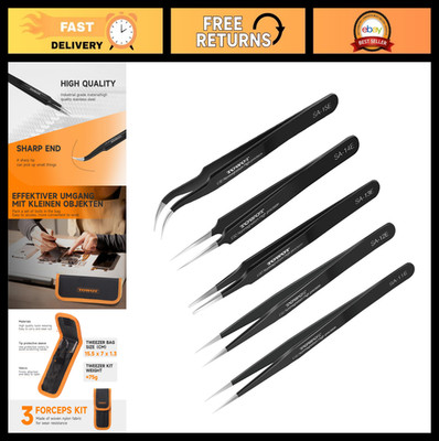5 PCS Precision Tweezers Set - Anti-Static Stainless Steel for Craft, Electronic