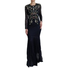 Dolce & Gabbana Blue Crystal Floral Lace Long Gown Women's Dress Authentic