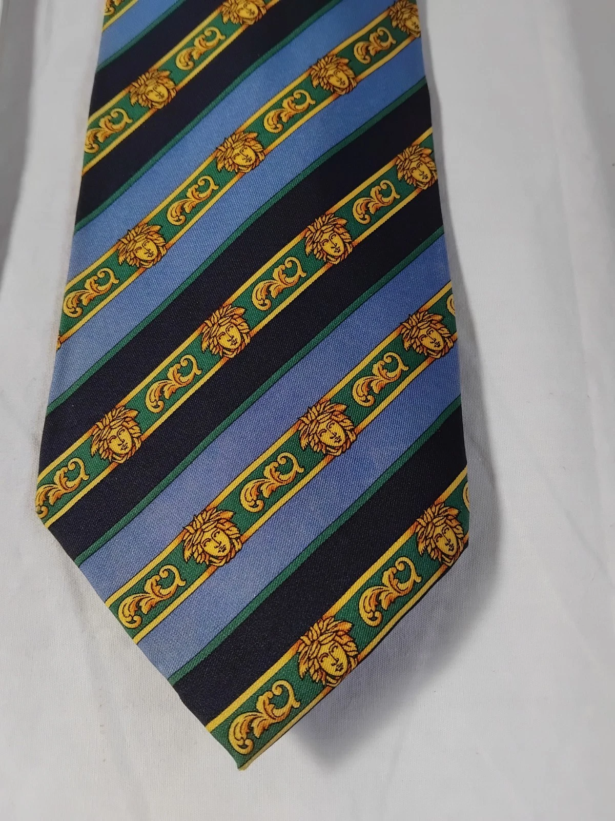 Gianni Versace Blue Gold Striped Medusa Head Silk Necktie Made In Italy - product detail image 2