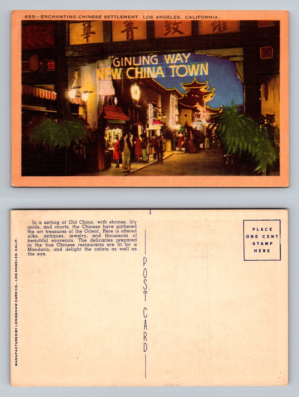 Los Angeles, CA-California, Ginling Way New China Town At Night Vintage Postcard