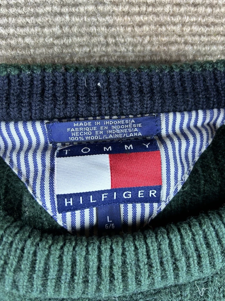 Винтажный TOMMY HILFIGER свитер мужчин L зеленый гребень шерсти опрятный 90-х Y2K пуловер - Изображение 4 из 4