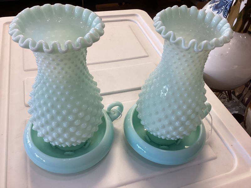 FENTON TURQUOISE AQUA HOBNAIL CANDLE FINGER HURRICANE LAMP SET OF 2
