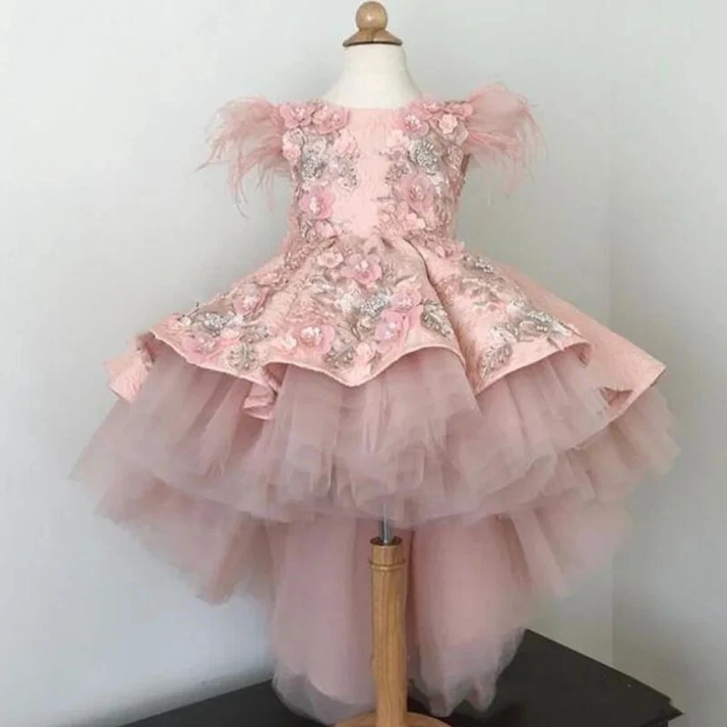 Flower Girl Dresses Pink Tulle Puffy Satin Sleeve Birthday Banquet Princess Gown - Image 3 of 4