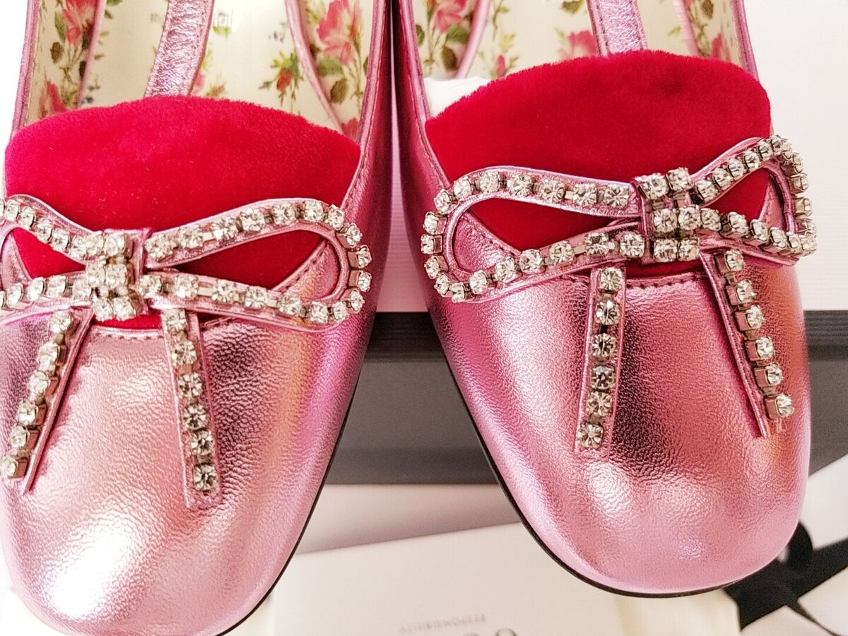 New Auth Gucci Anita 55 Crystal Bow Leather Velvet T- Strap Pump