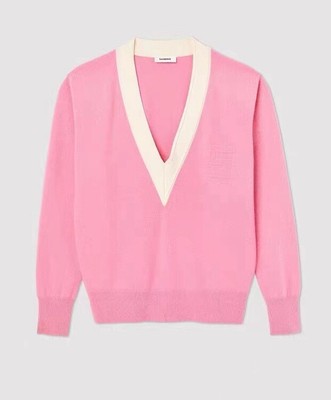 Women Contrasting Color Loose V-neck Wool Sweater Sandro