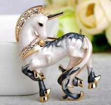 Majestic Golden UNICORN Cream Swirl Rhinestone Enamel Necklace Pendant Brooch