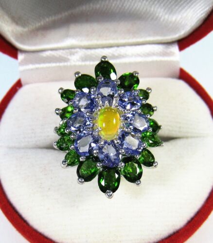 OPAL, TANZANITE & CHROME DIOPSIDE RING 7.01 CTW #6.25 14k WHITE GOLD/925 SILVER