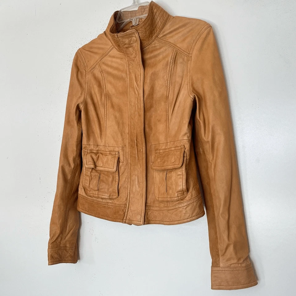 Lucky Brand Leather Jacket Women's Small Soft Worn In Lambskin Lamb Cognac Tan - Image 3 of 4