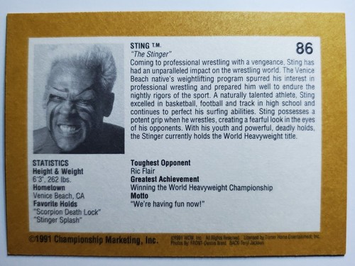 1991 Championship Marketing WCW #86 STING LET'S GET BUSY - Picture 2 of 2