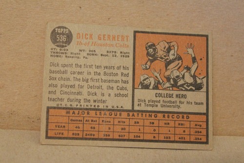 1962 TOPPS DICK GERNERT BASEBALL CARD #536 - Picture 2 of 2
