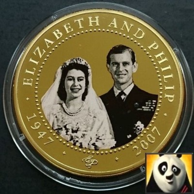 2007 COOK ISLANDS 1 $ ELIZABETH & DUKE PHILIP 24K GOLD PLATED PROOFLIKE PHOTO