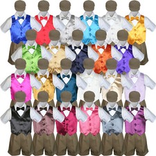 4pc Boy Baby Toddler Wedding Formal TAUPE Shorts Outfit  Choose Color Vest Set