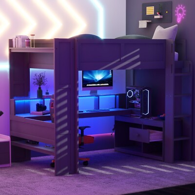 Wood Full Size Gaming Loft Bed w/Desk Multi-storage Shelves LED Charging Station