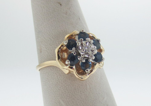 Natürliche blaue Saphire Diamanten BLUME massiv 14K Gelbgold Ring KOSTENLOSE Größe - Bild 5 von 5