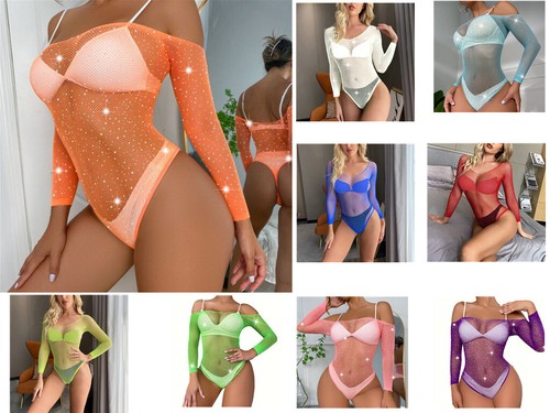 Fishnet Bodysuit Women's Underwear Mesh Top See Through Sexy Lingerie Rhinestone - Picture 1 of 26