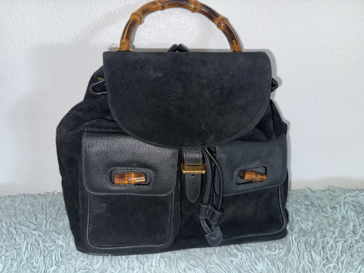 GUCCI‎ Vintage Y2K Unisex Black Suede & Leather Trim Bamboo Medium Backpack VINTAGE Auth GUCCI 90s Early 2000s Y2K Tom Ford Era Black  main image 4
