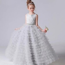 Girls Formal Princess Gown Tiered Flower Girl Dress Wedding Party Tulle Dress