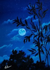 "Moonlight Blue" ACEO Original Hand Painting Vintage Nature Art Signed ATC