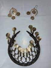 Belly Dance Coin Headpiece  Earrings Set Boho Gold Black Flawed 