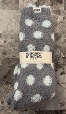 NEW VICTORIA'S SECRET PINK O/S SET 2 POLKA DOT PLUSH FUZZY RARE KNEE HIGH SOCKS
