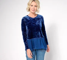 LOGO by Lori Goldstein Crushed Velvet Top with Chiffon Hem Marianas Blue L New