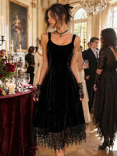 Amber Black Velvet Midi Dress Lace Hem Sz S Wymsigoth Y2k Dark Romance Vamp Prom