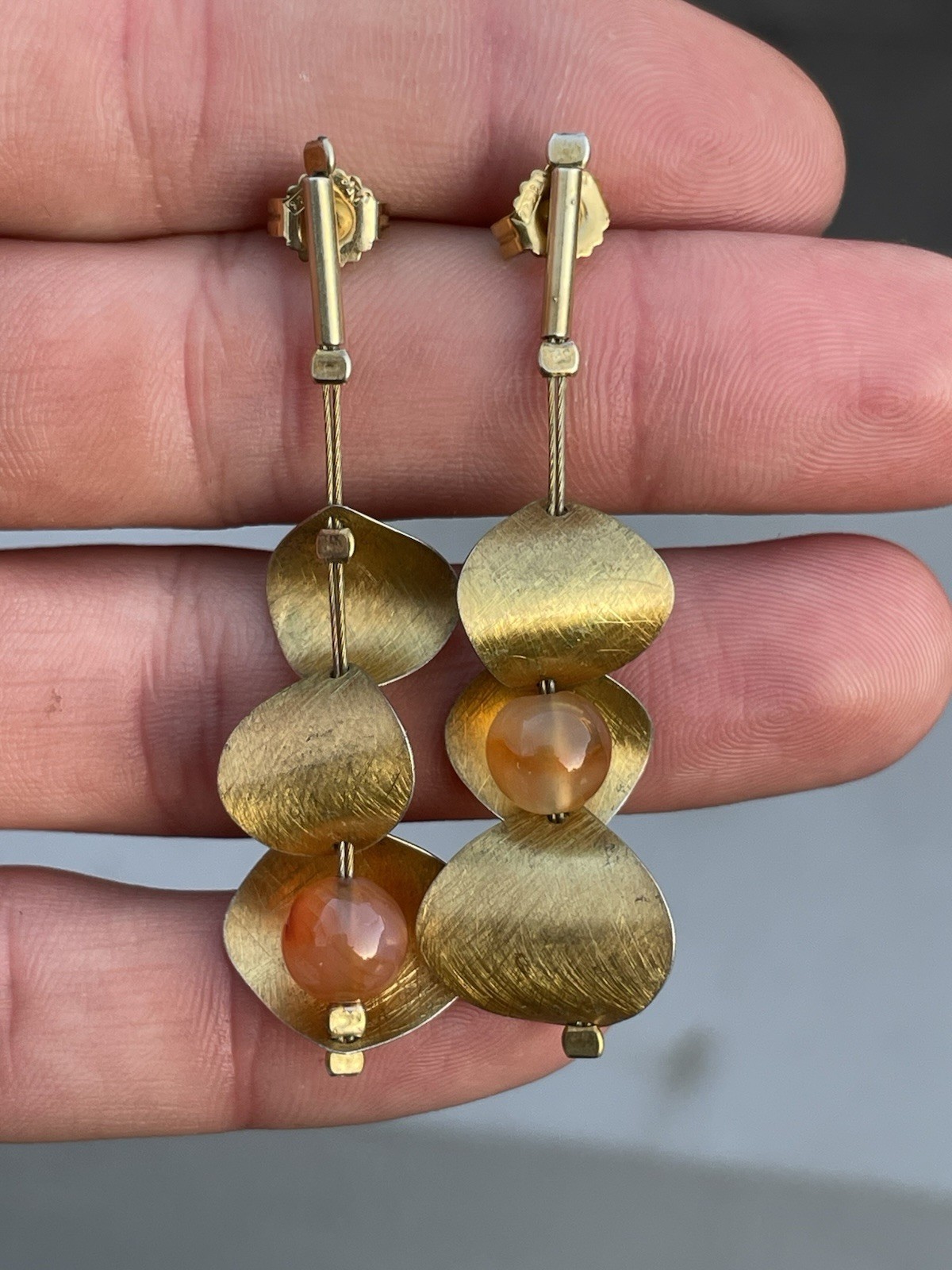 Solid Silver Gilt Agate Designer Large Drop Earri… - image 1