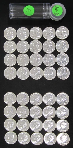 1964 (P) Washington Silver Quarter Roll - Uncirculated - Actual Coins L79
