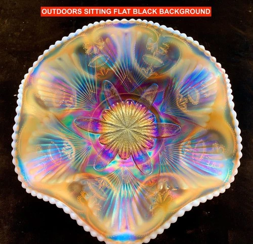 DUGAN “PETAL & FAN” PEACH OPAL CARNIVAL GLASS 11” BOWL – SUPERB COLOR!