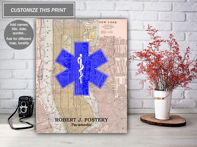 Paramedic Custom Poster,  Graduation,  Retirement Gift, old map of New York