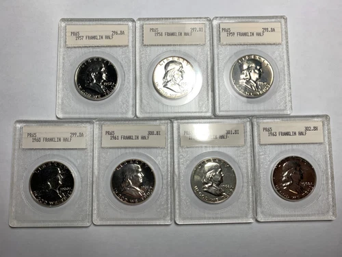 1957 - 1963 50C PROOF FRANKLIN HALF DOLLAR SET "7 COINS"  " BLANCHARD HOLDERS "