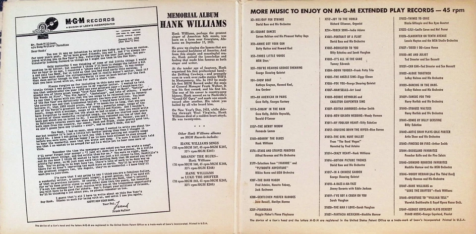 Hank Williams Memorial Album MGM EP X202 PS GF VG+ - Image 2 of 4