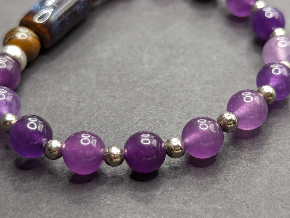 Pulsera elástica con cuentas púrpuras/ojo de tigre elegante para mujer (16 cm) Foto 3 de 4