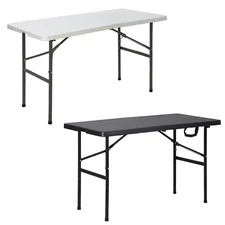 4FT Folding Picnic Table Plastic Dining Table with Carrying Handle White/Black