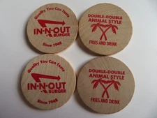 IN-N-OUT BURGER, LOT OF 4 WOODEN NICKELS, DOUBLE ANIMAL STYLE (SEE PHOTOS)